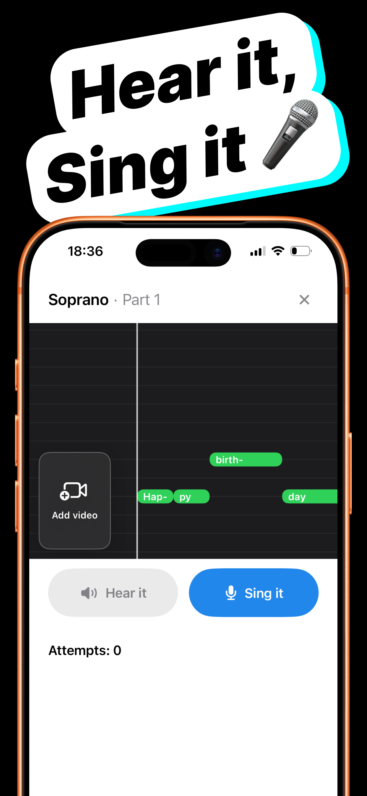 Howli practice screen with hear it and sing it controls