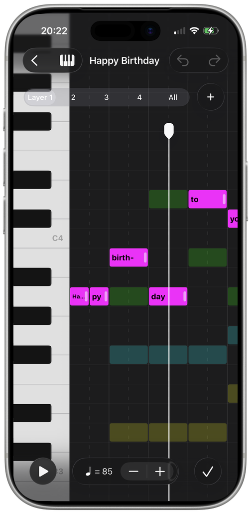 Howli’s iPhone song editor displaying pitch and lyric blocks for a custom harmony song