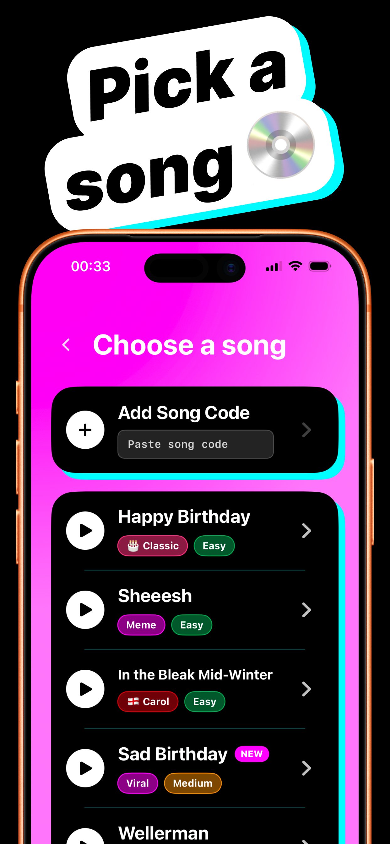 Howli song picker with custom song code entry and built-in song choices