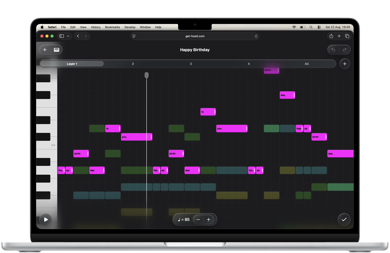 Howli’s free browser song editor with pitch and lyric blocks for four vocal parts